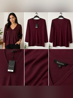Massimo Dutti Burgundy V-Neck Lightweight Sweater